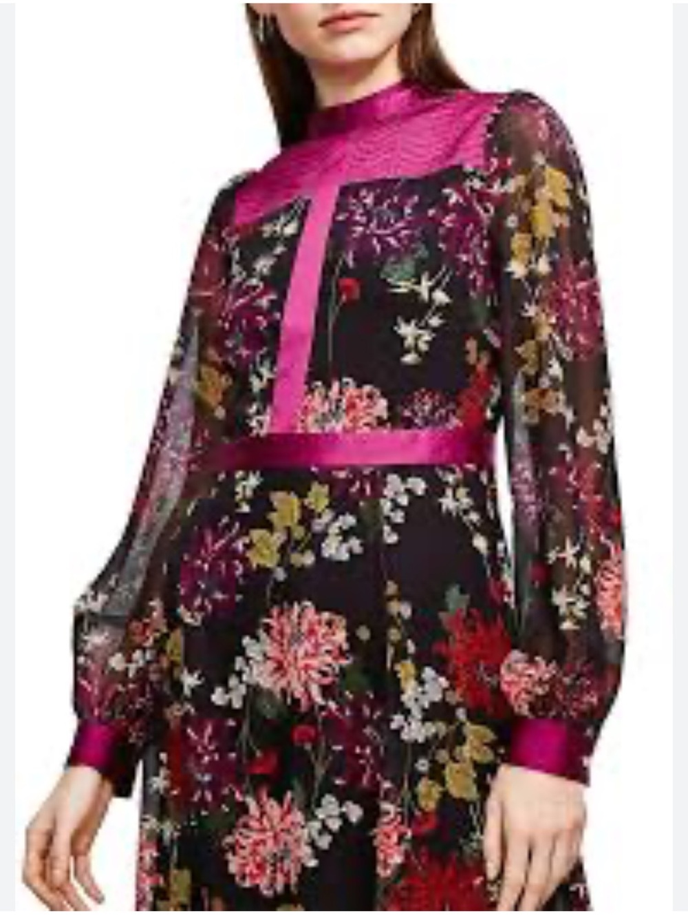 Karen Millen Magenta and Black Floral Paneled Long-Sleeve Mini Dress